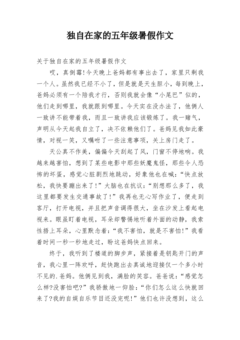 独自在家的五年级暑假作文