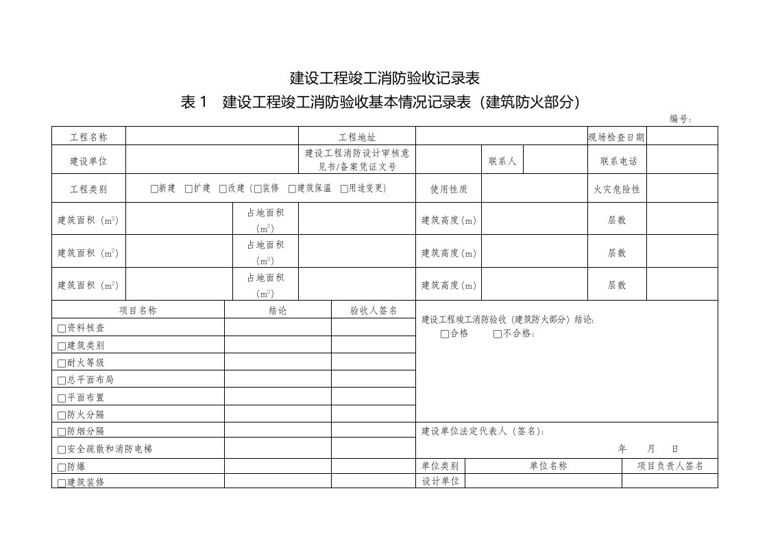 建设工程竣工消防验收基本情况记录表(建筑防火部分)