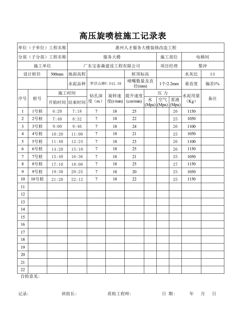 高压旋喷桩施工记录表