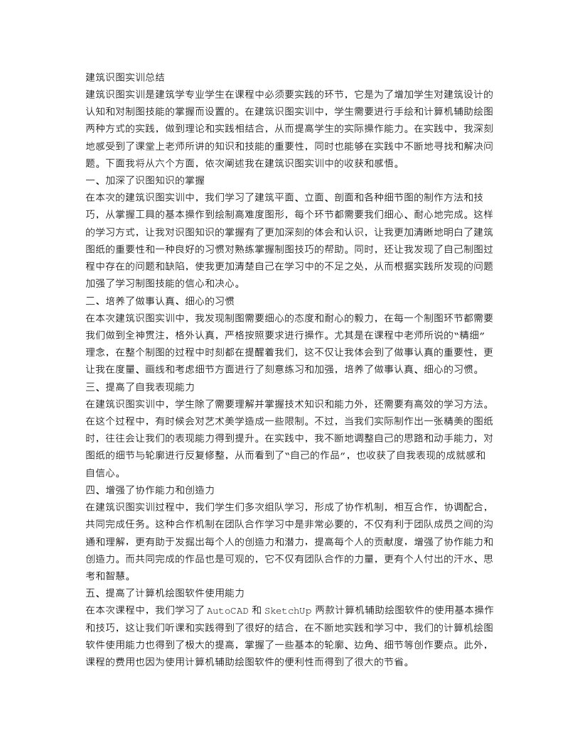 建筑识图实训总结2000字6篇范文