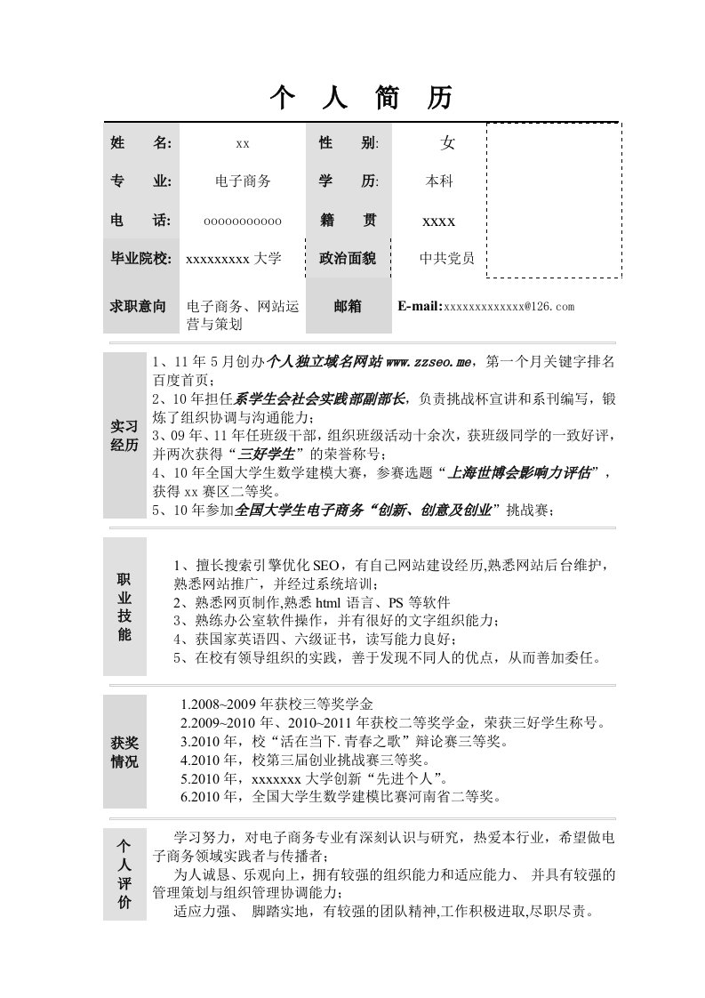 电子商务专业求职简历