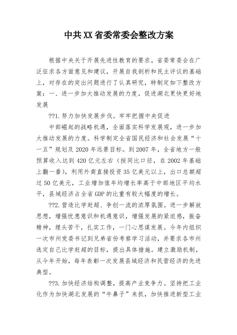 中共XX省委常委会整改方案