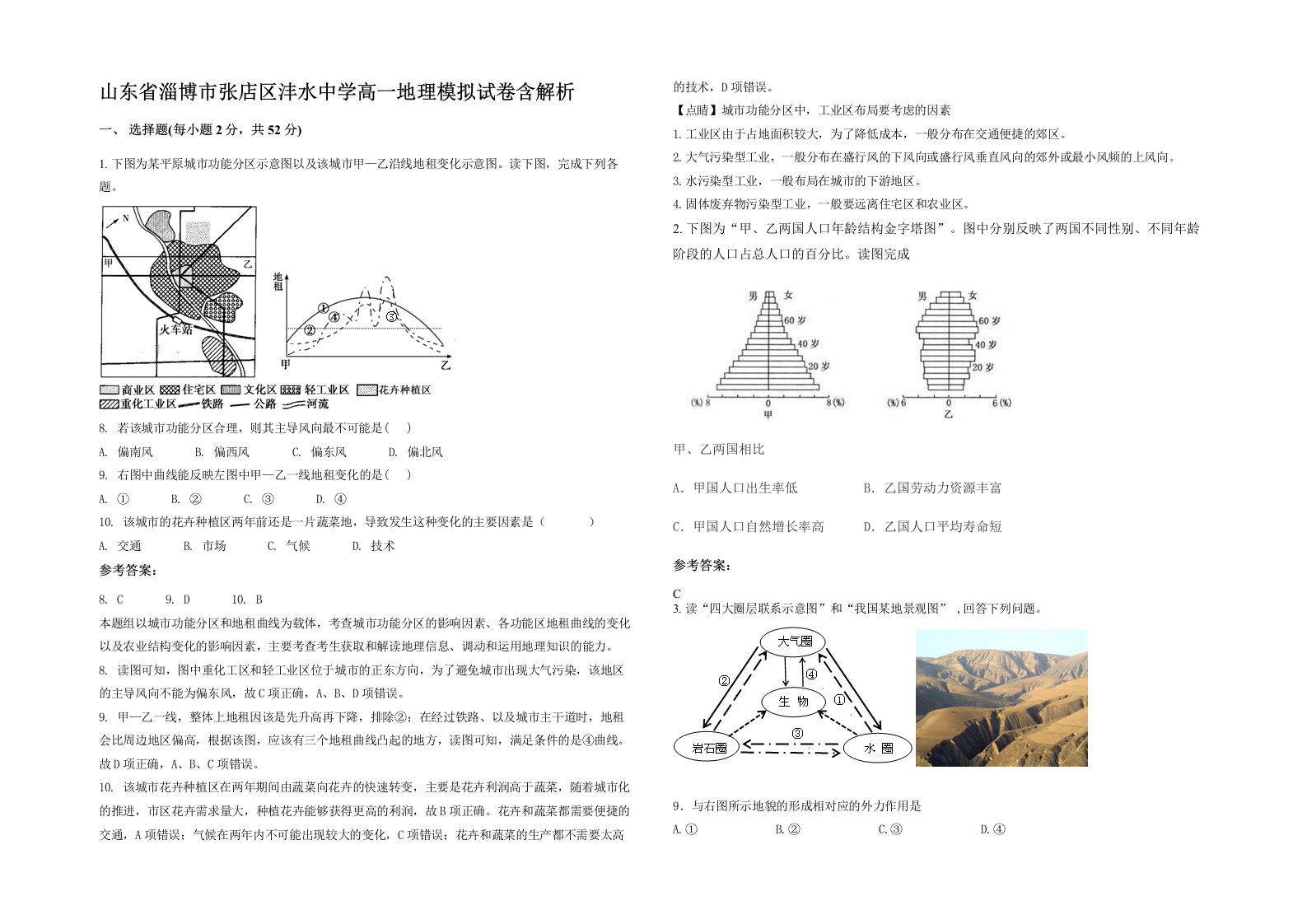 山东省淄博市张店区沣水中学高一地理模拟试卷含解析