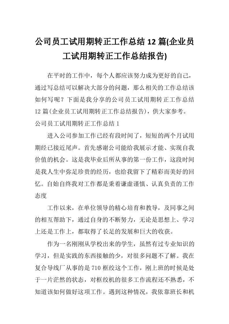 公司员工试用期转正工作总结12篇(企业员工试用期转正工作总结报告)