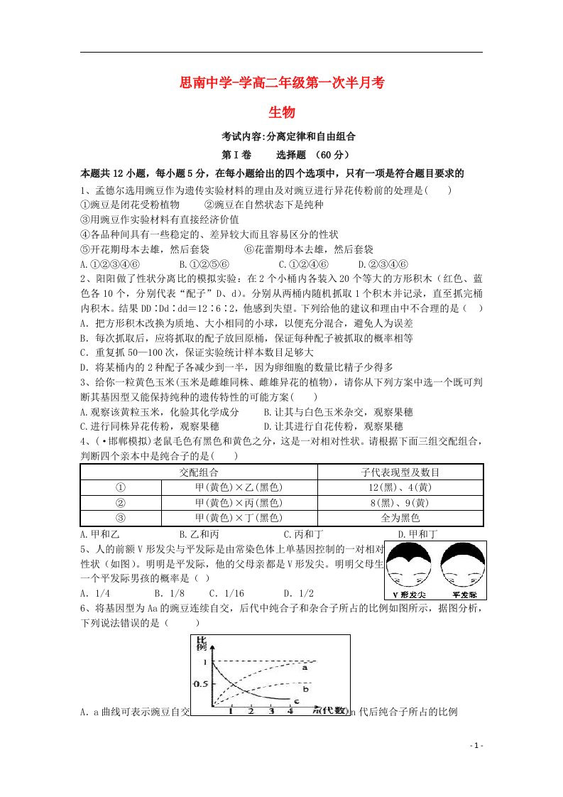 贵州省思南中学高二生物上学期第一次半月考试题