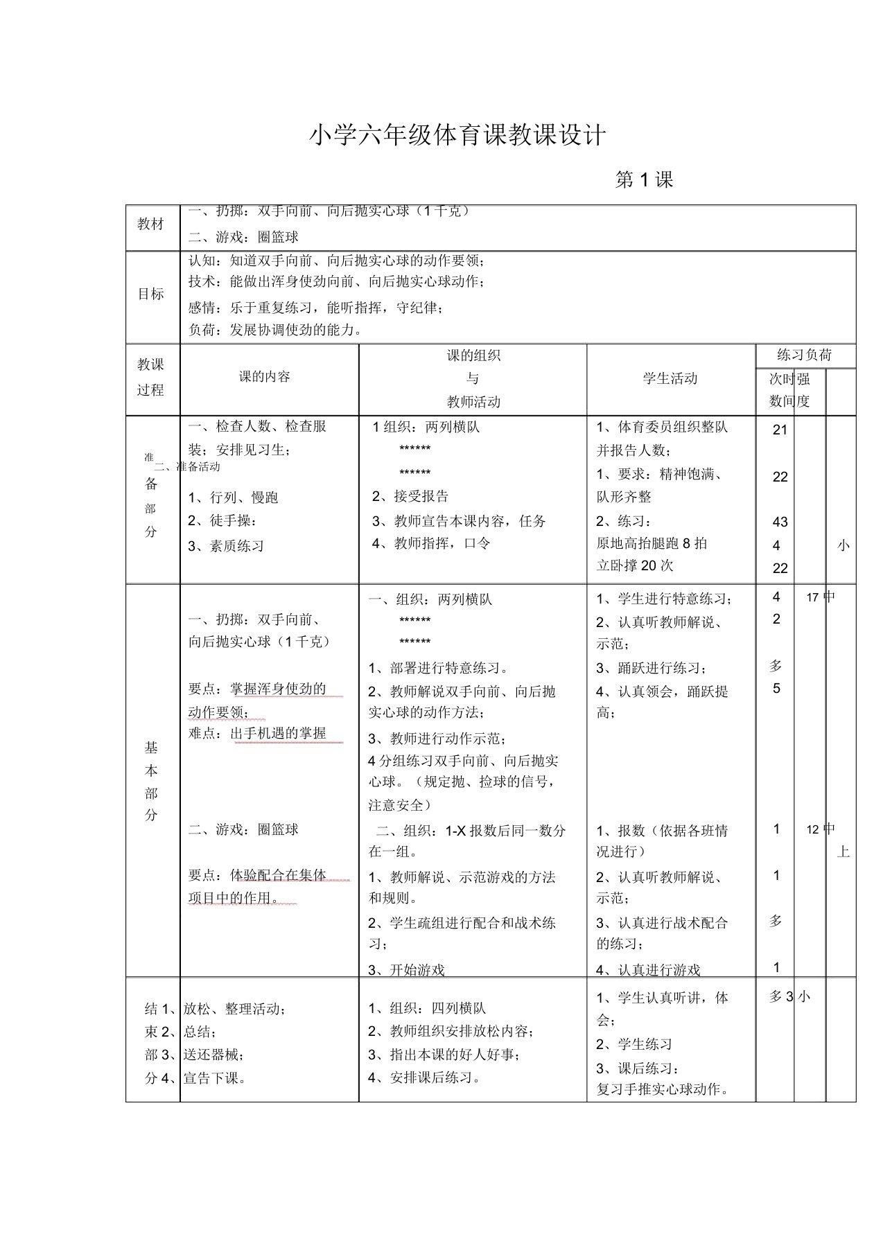 小学六年级体育课教案