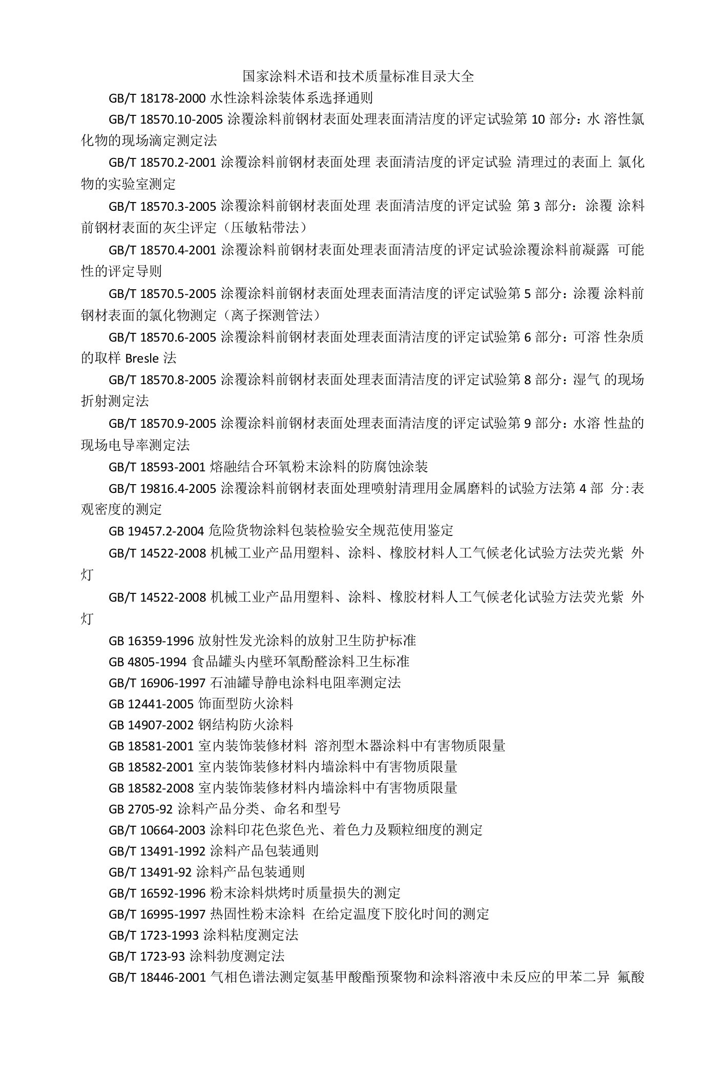 国家涂料术语和技术质量标准目录大全