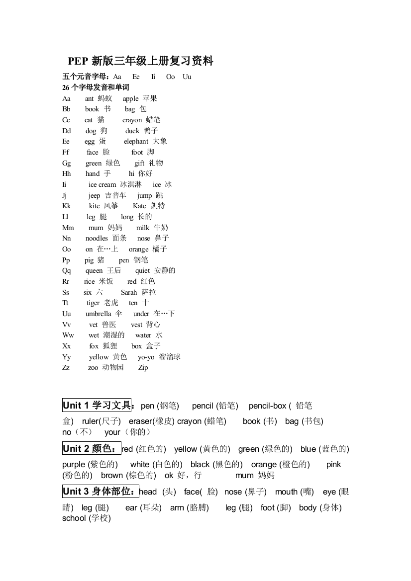 2017秋人教PEP版英语三年级上册期末复习资料(word文档良心出品)