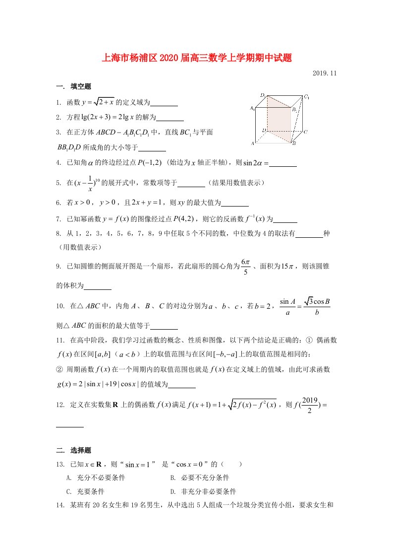 上海市杨浦区2020届高三数学上学期期中试题