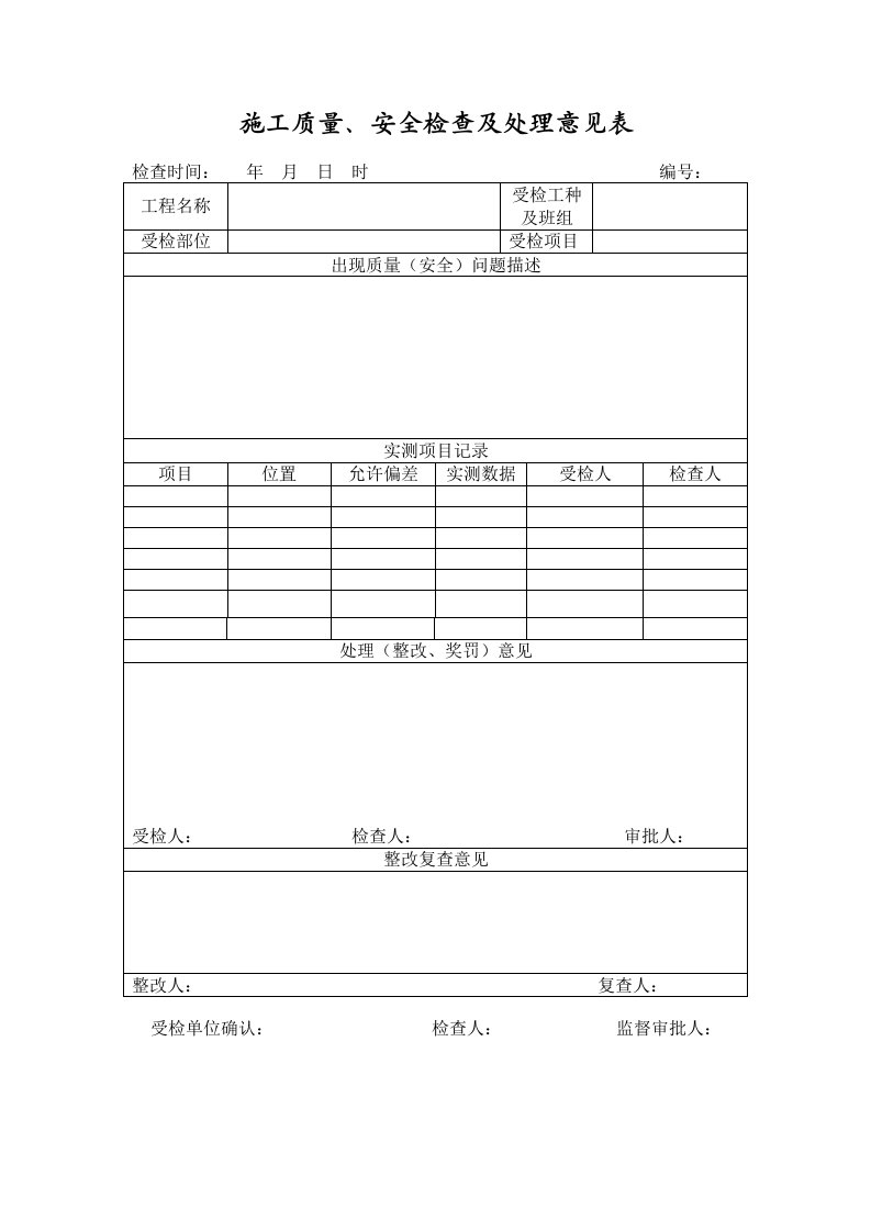 施工质量安全检查处理意见