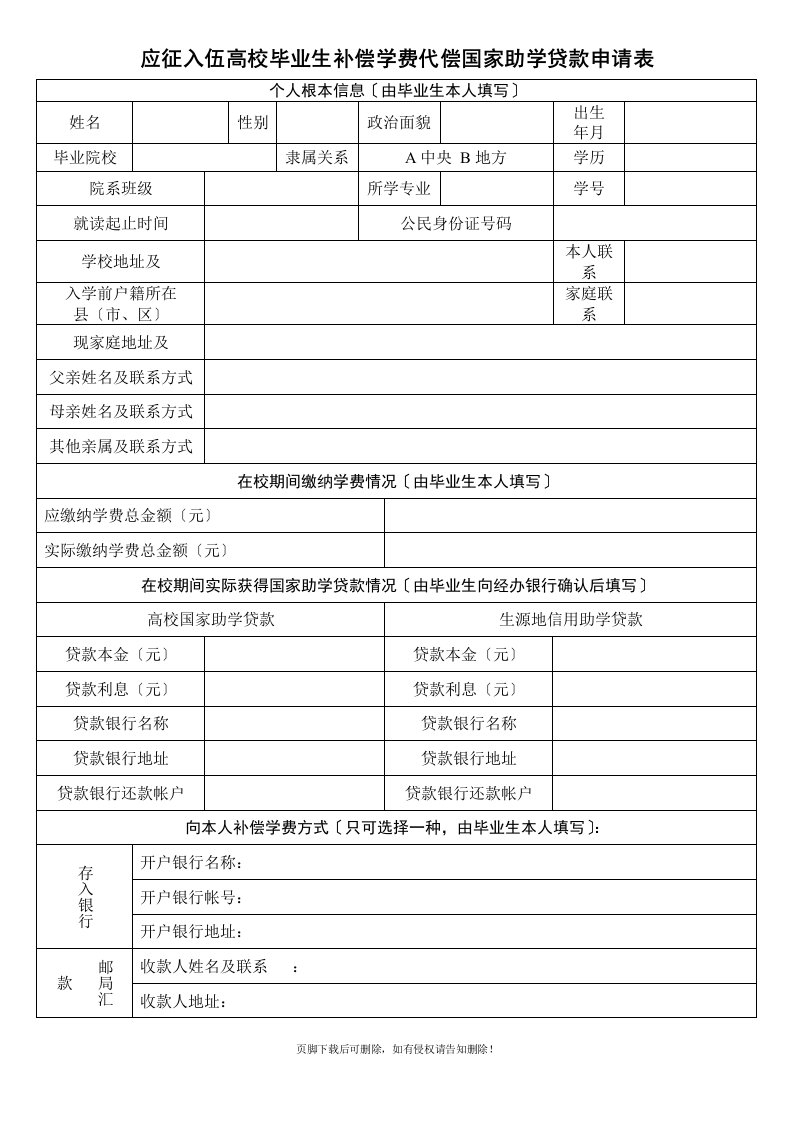 大学生应征入伍学费补偿申请表