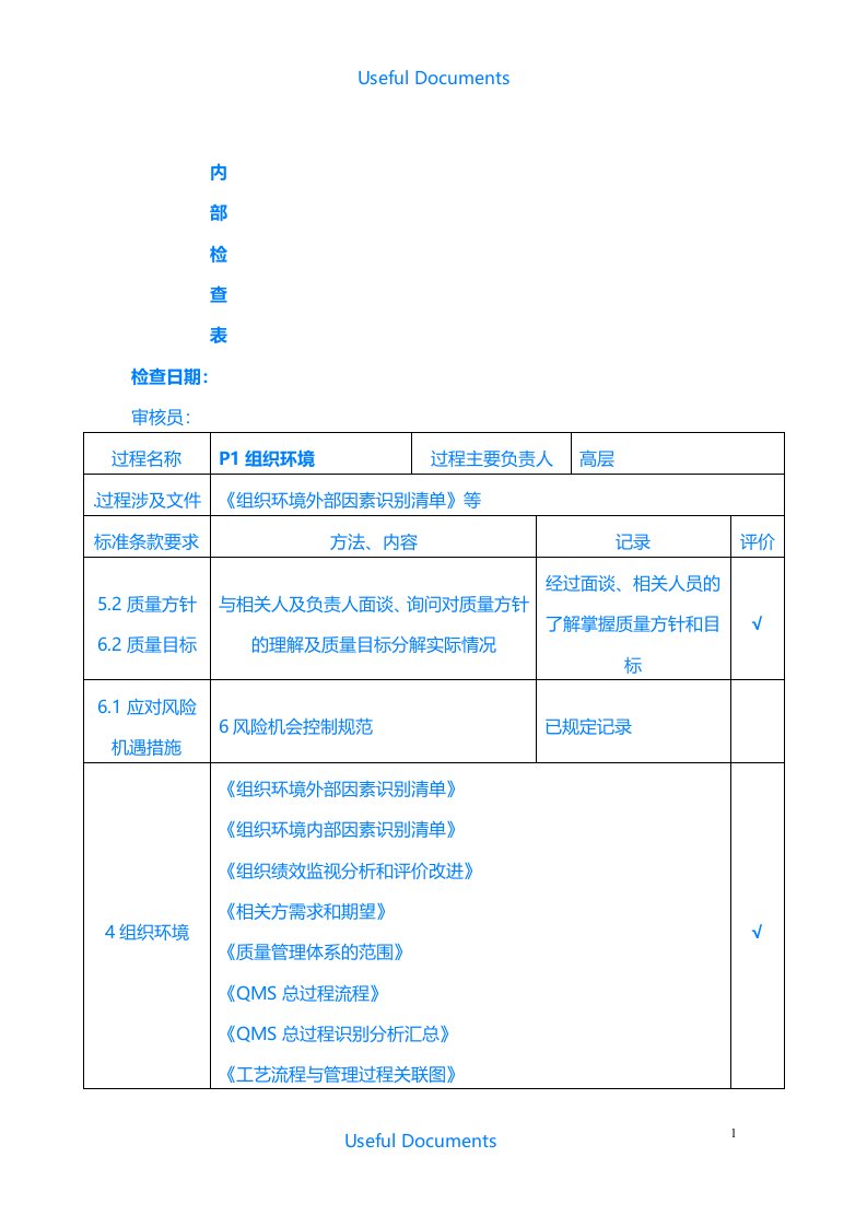 【Selected】ISO9001-2015内部审核检查表(过程模式)