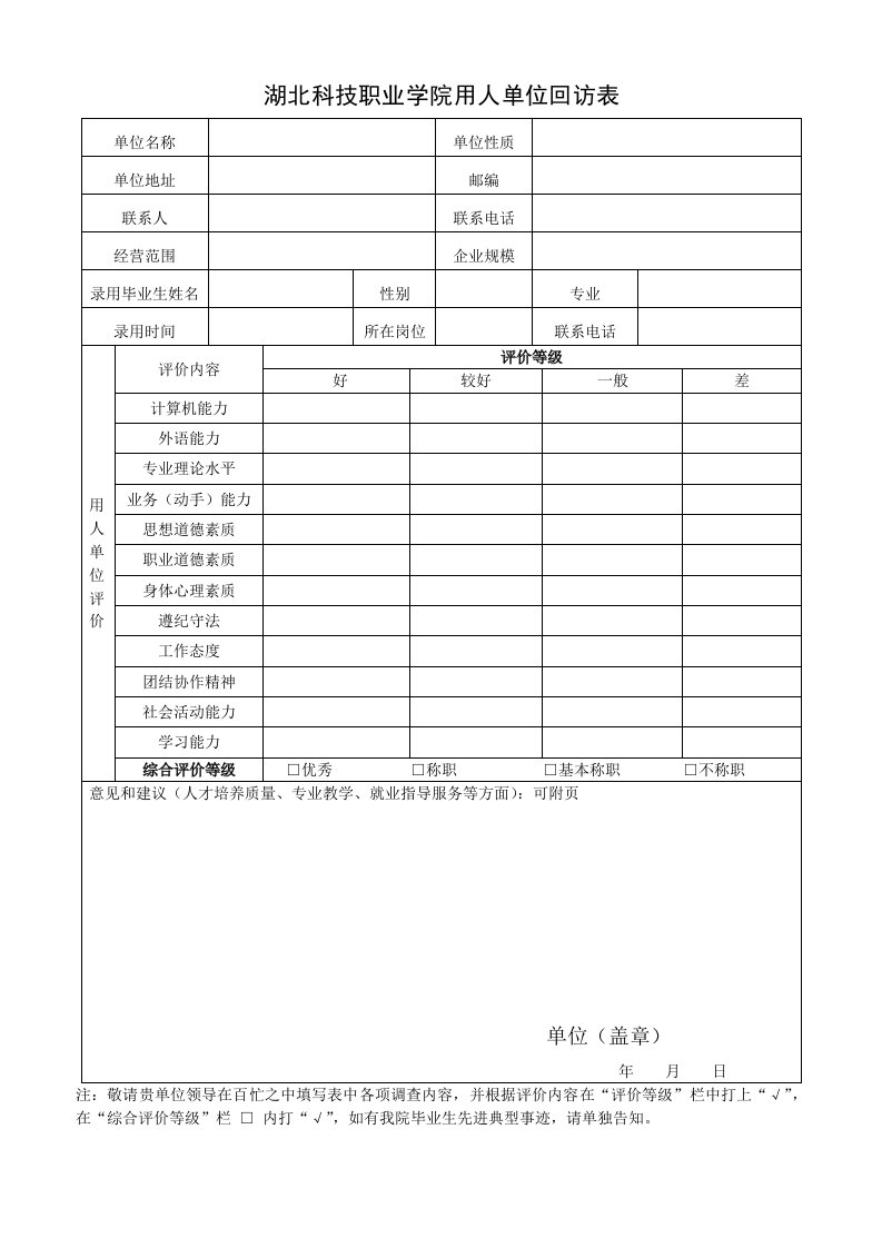 湖北科技职业学院用人单位回访表