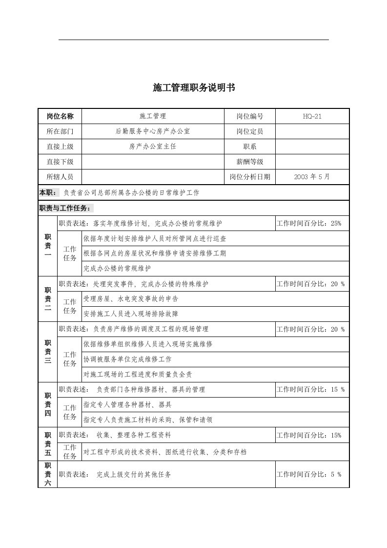 通信行业-后勤服务中心-施工管理岗位说明书