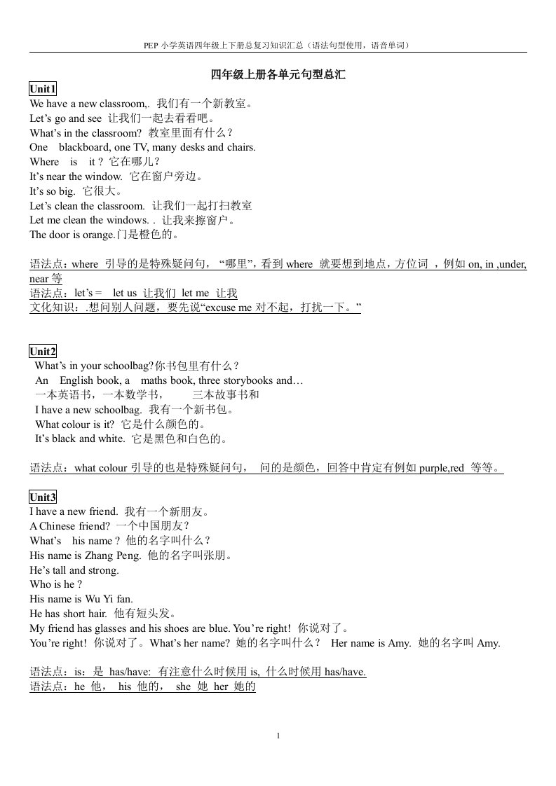 PEP小学英语四年级上下册复习重点-单词、句型翻译、语音、语法