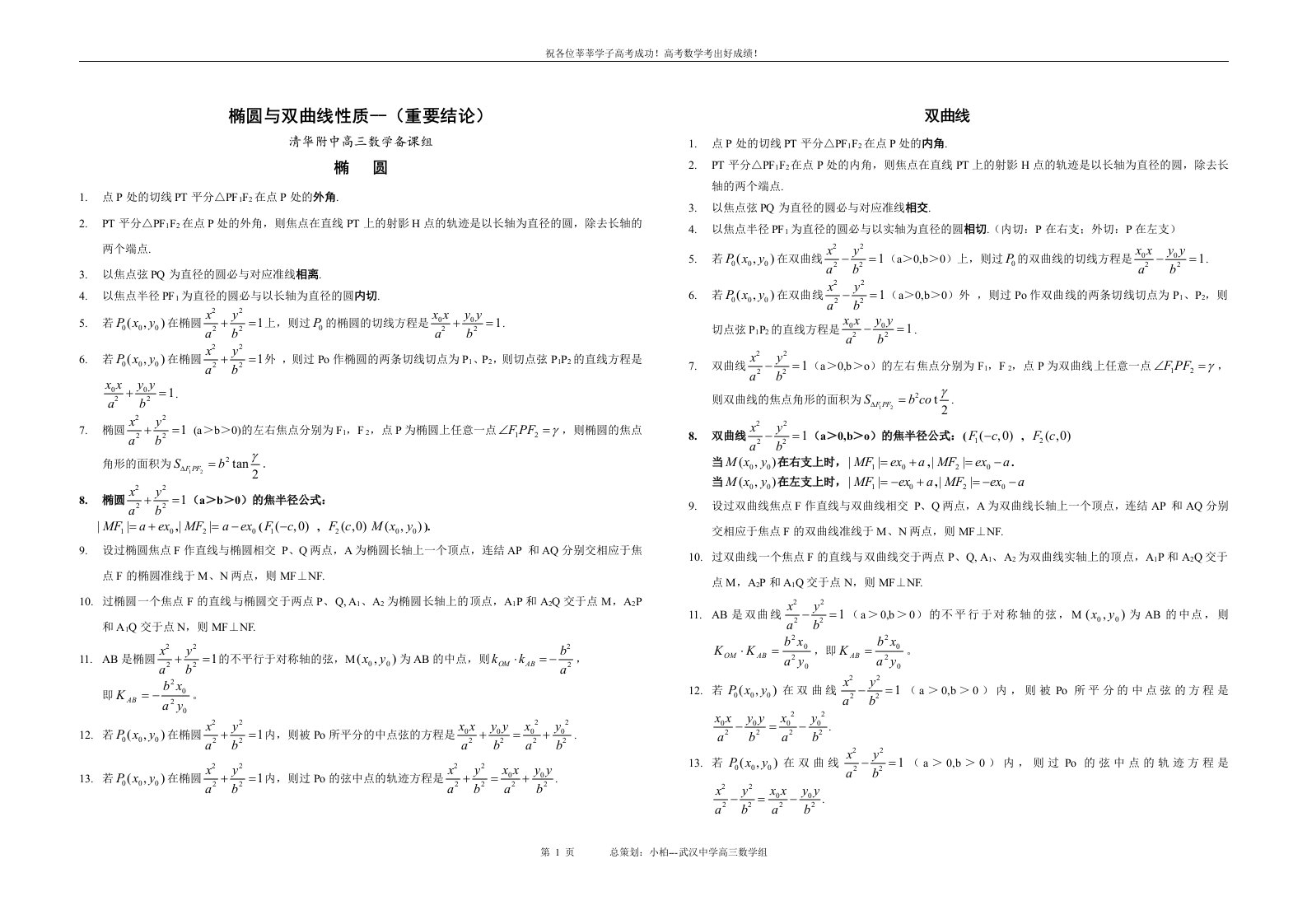 高考数学椭圆与双曲线重要规律定理