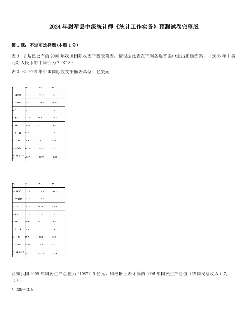 2024年尉犁县中级统计师《统计工作实务》预测试卷完整版