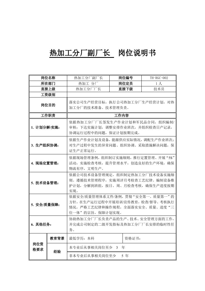 岗位职责-热加工分厂副厂长岗位说明书