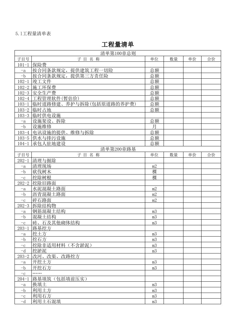 公路工程工程量标准清单