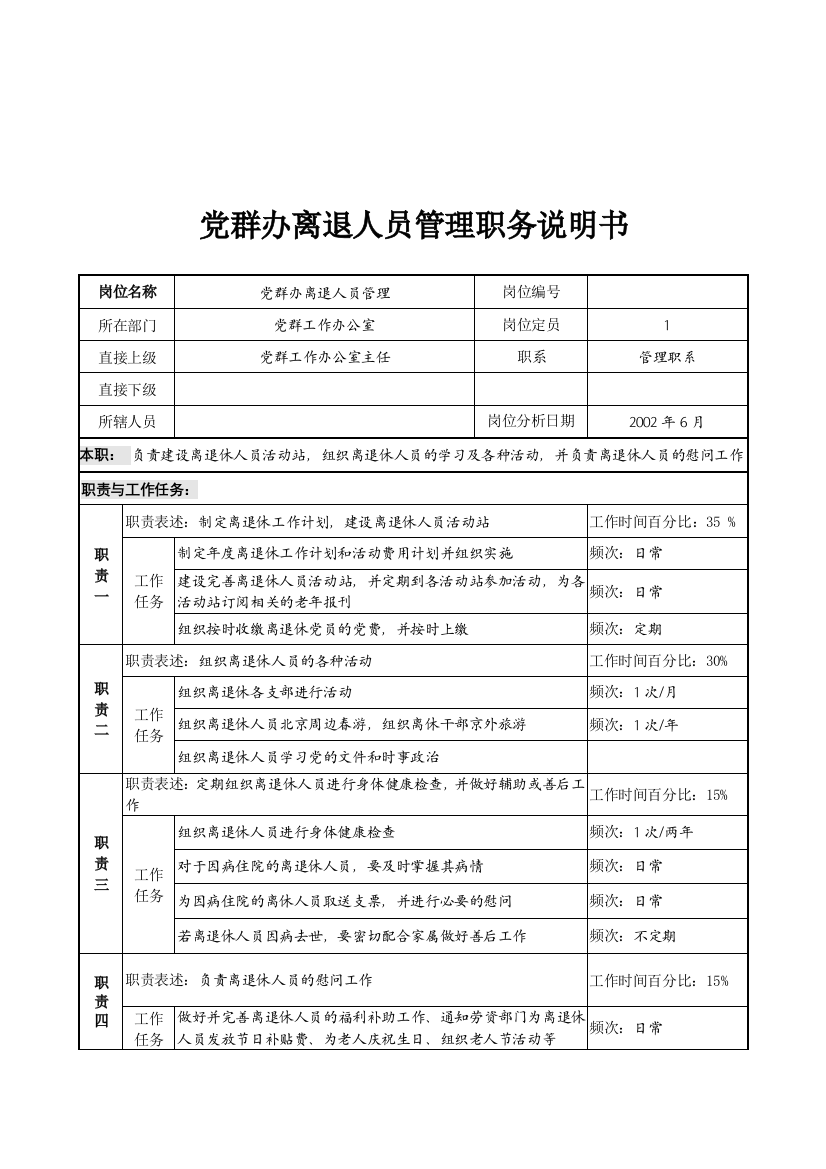 党群办离退人员管理职务说明书