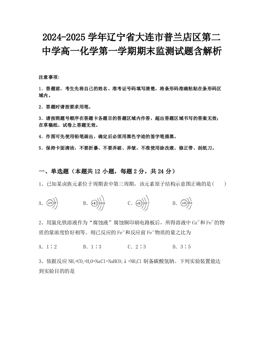 2024-2025学年辽宁省大连市普兰店区第二中学高一化学第一学期期末监测试题含解析