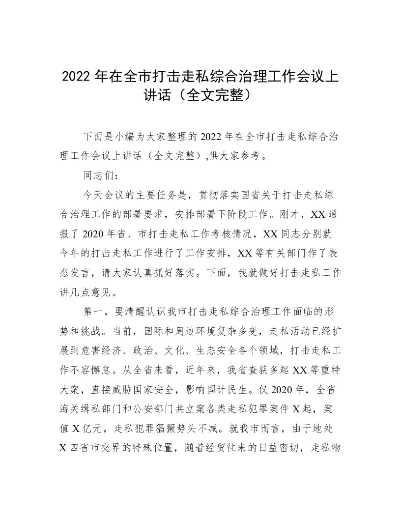 2022年在全市打击走私综合治理工作会议上讲话（全文完整）