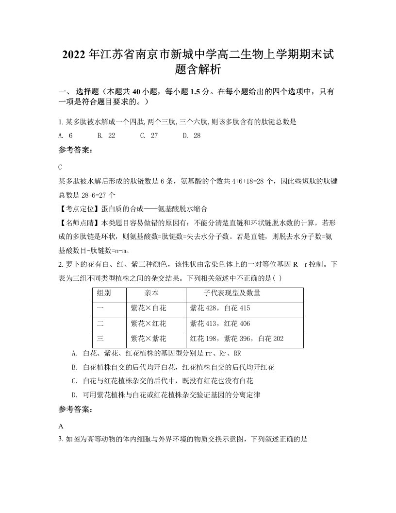 2022年江苏省南京市新城中学高二生物上学期期末试题含解析