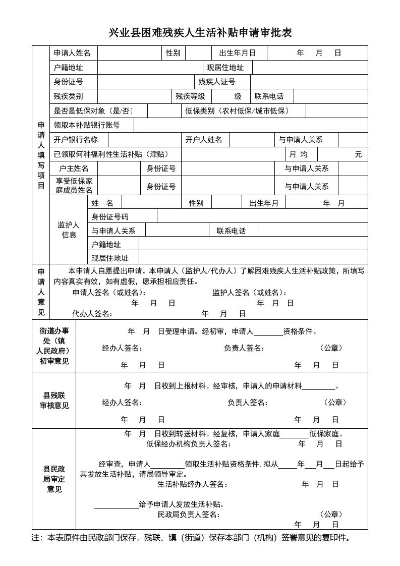 兴业县困难残疾人生活补贴申请审批表