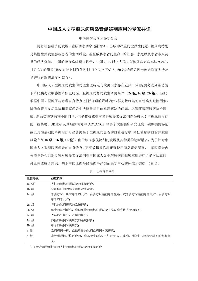 中国成人2型糖尿病胰岛素促泌剂应用的专家共识10242