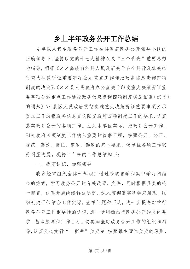 6乡上半年政务公开工作总结