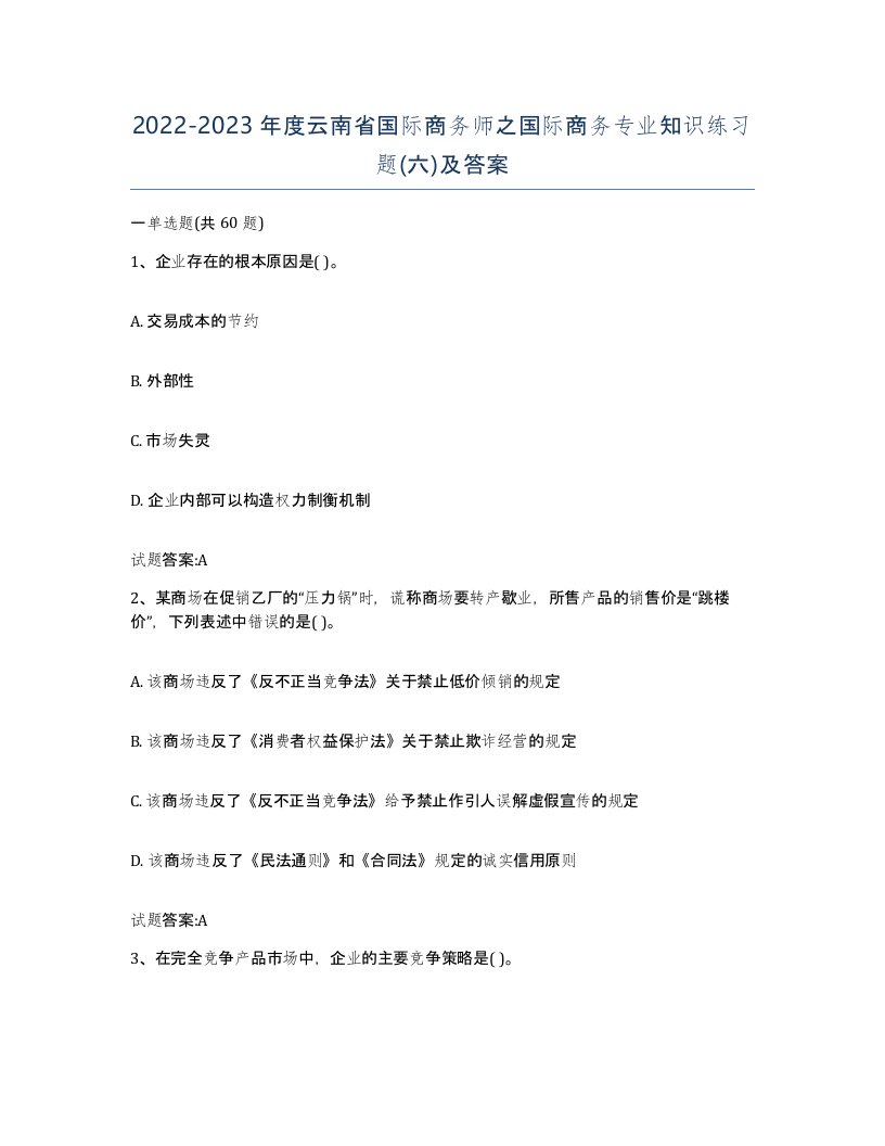 2022-2023年度云南省国际商务师之国际商务专业知识练习题六及答案