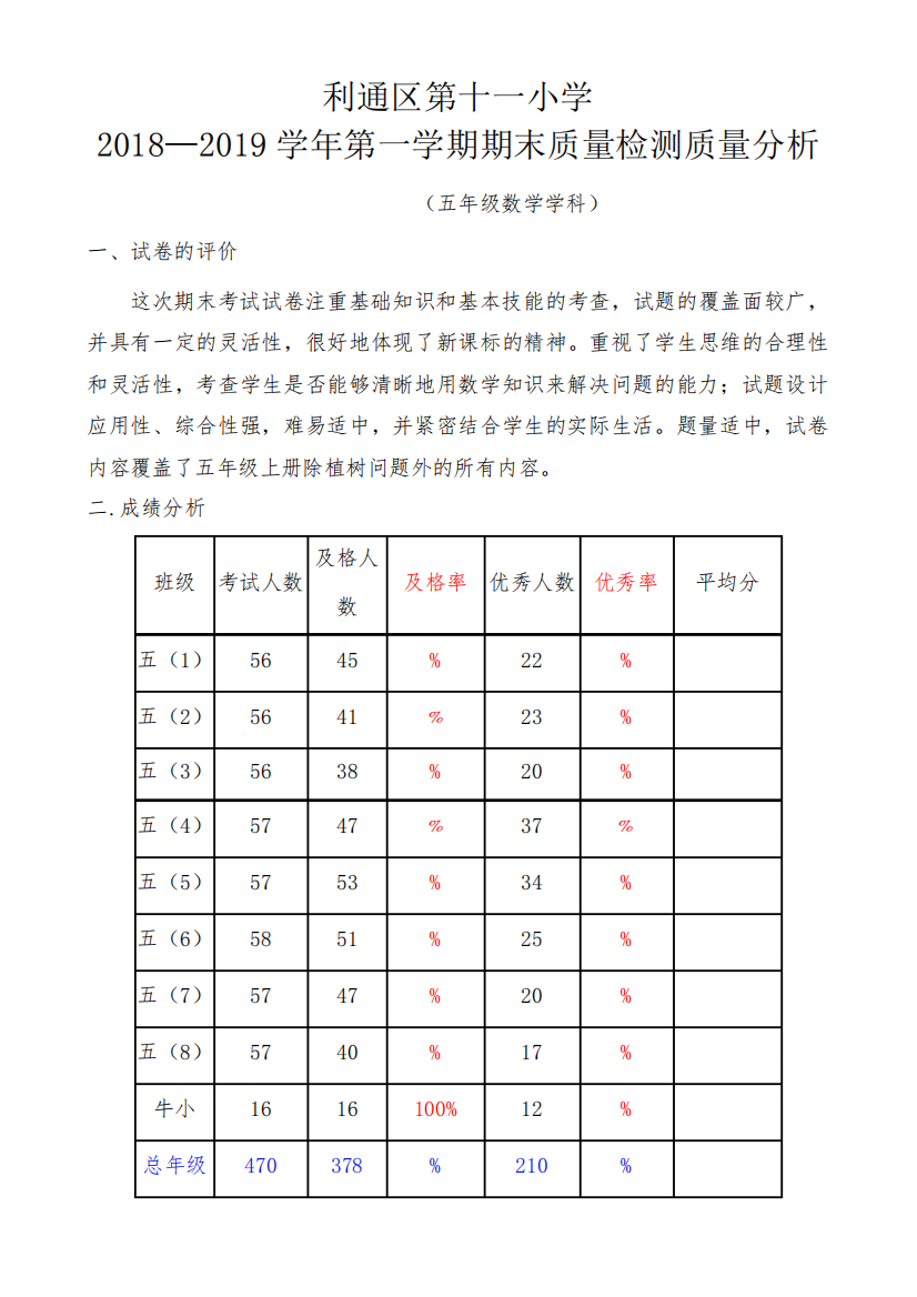 五年级数学第一学期期末试卷分析赵蕊蕊