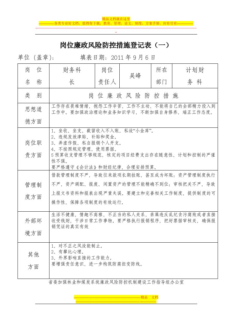 计财科廉政风险防控措施登记表