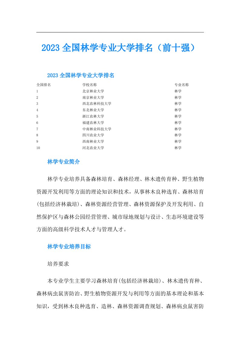 全国林学专业大学排名（前十强）