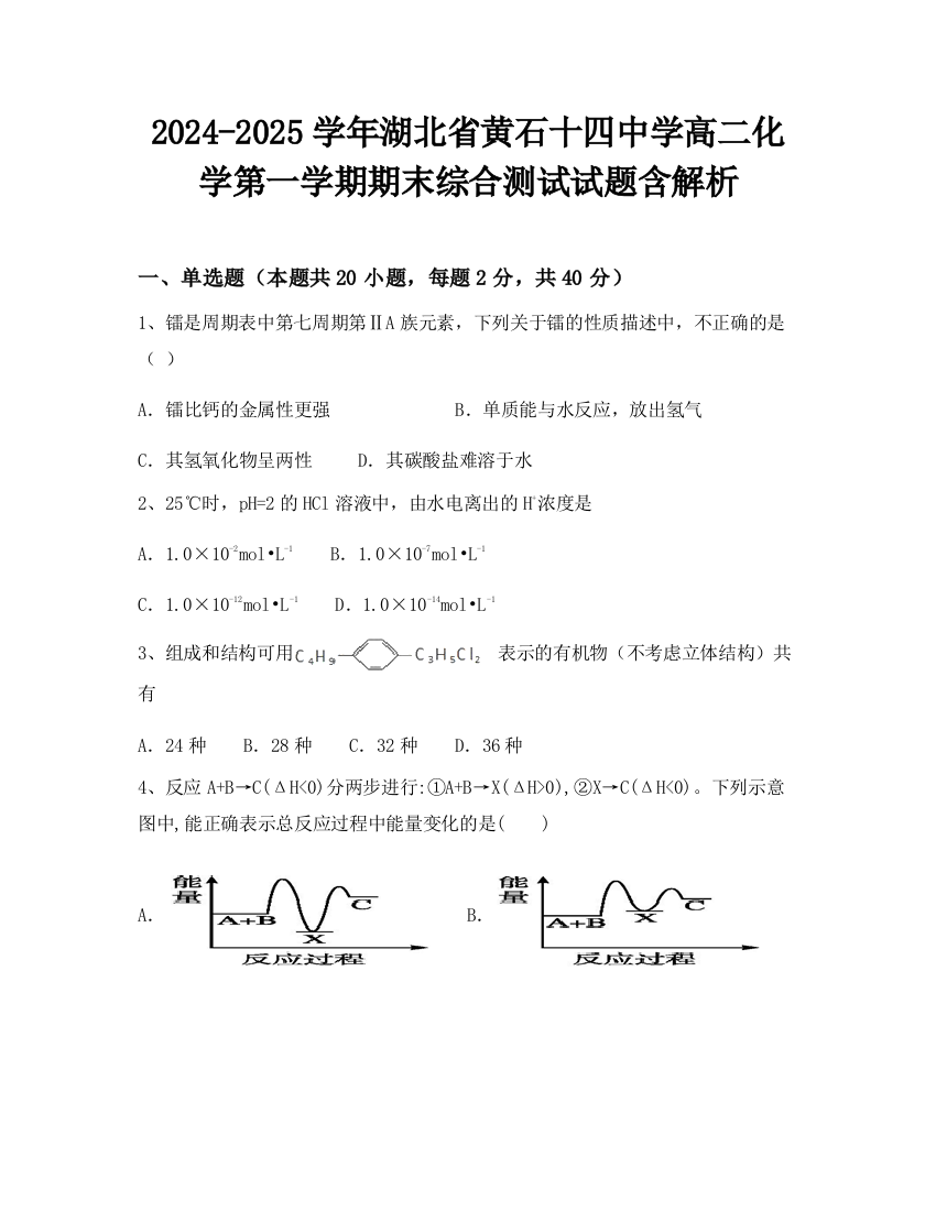 2024-2025学年湖北省黄石十四中学高二化学第一学期期末综合测试试题含解析