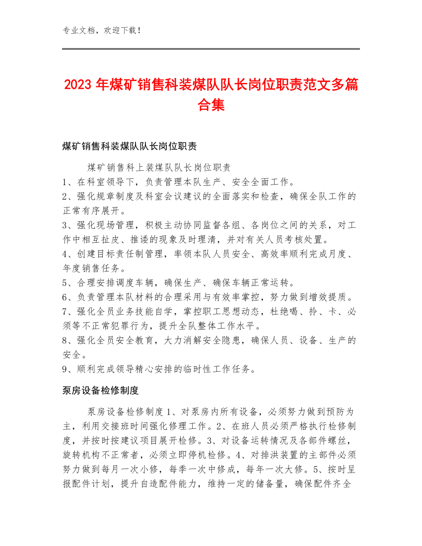 2023年煤矿销售科装煤队队长岗位职责范文多篇合集