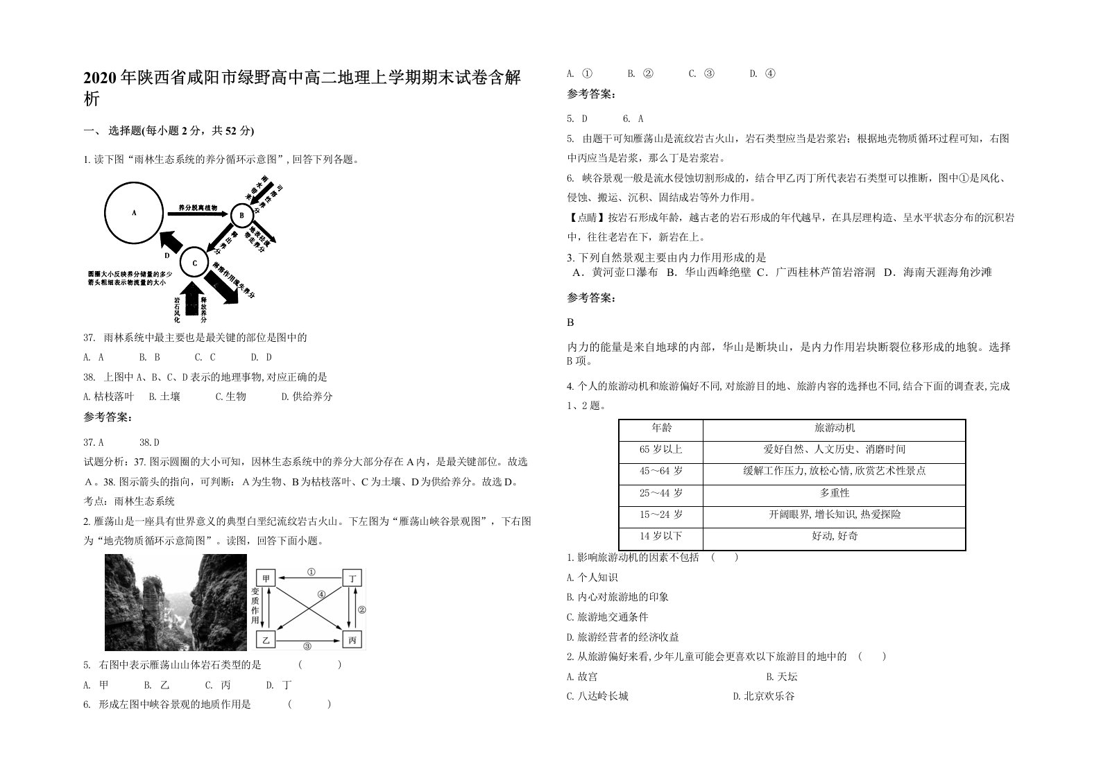 2020年陕西省咸阳市绿野高中高二地理上学期期末试卷含解析