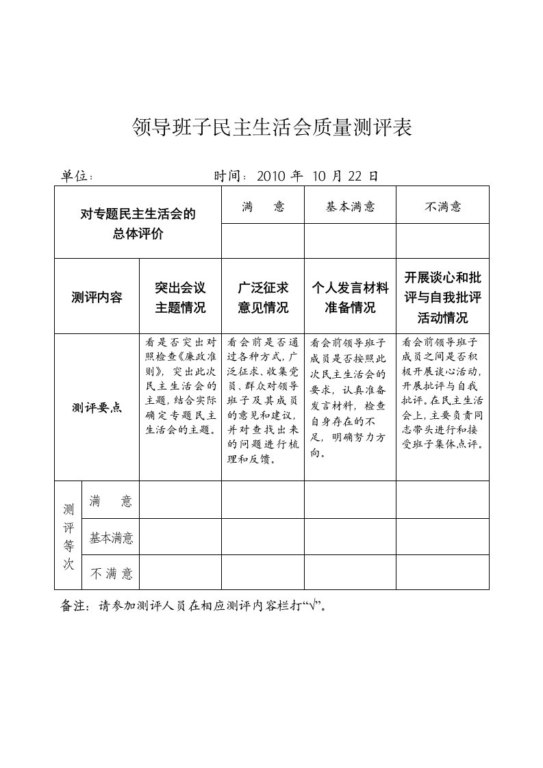 【参考】民主生活会及报告评议表