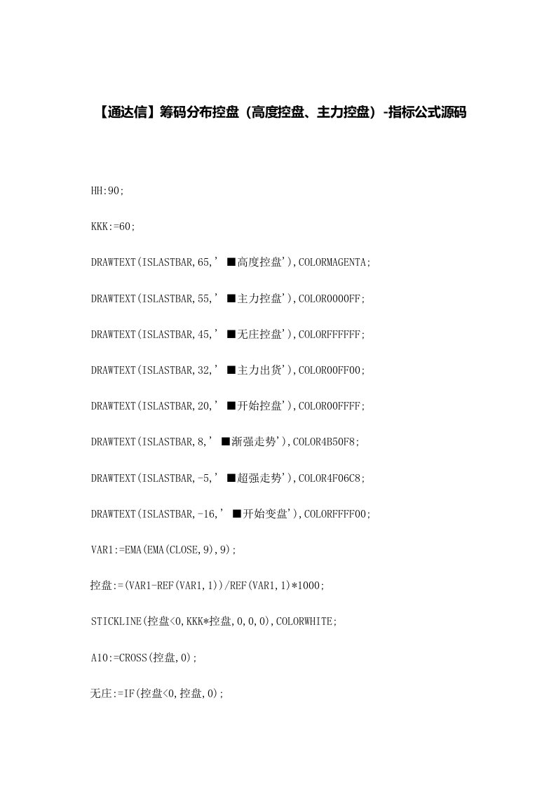 【股票指标公式下载】-【通达信】筹码分布控盘(高度控盘、主力控盘)