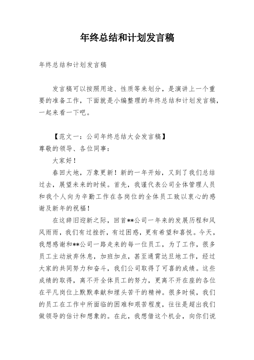 年终总结和计划发言稿