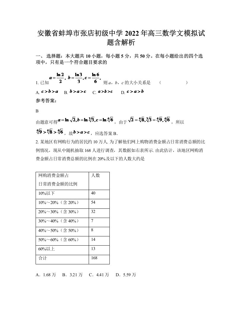 安徽省蚌埠市张店初级中学2022年高三数学文模拟试题含解析