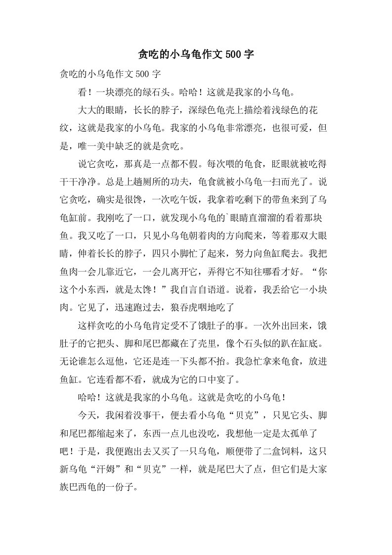 贪吃的小乌龟作文500字