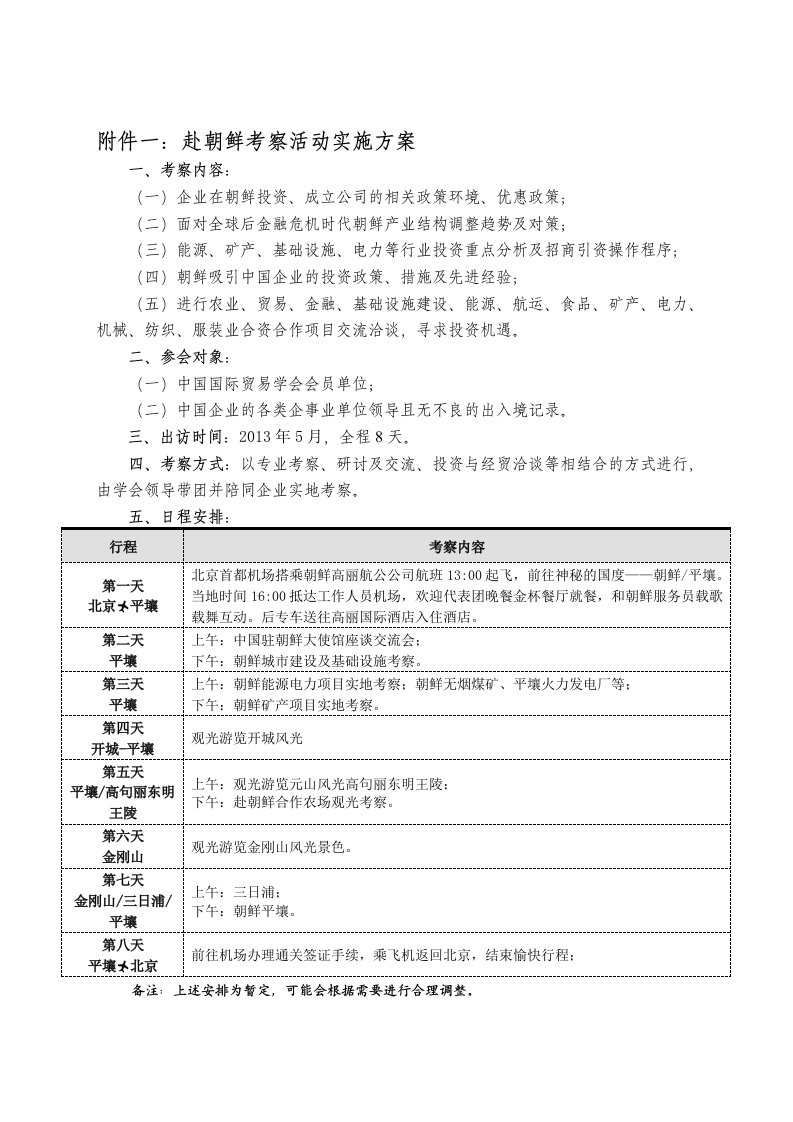 赴朝鲜考察活动实施方案