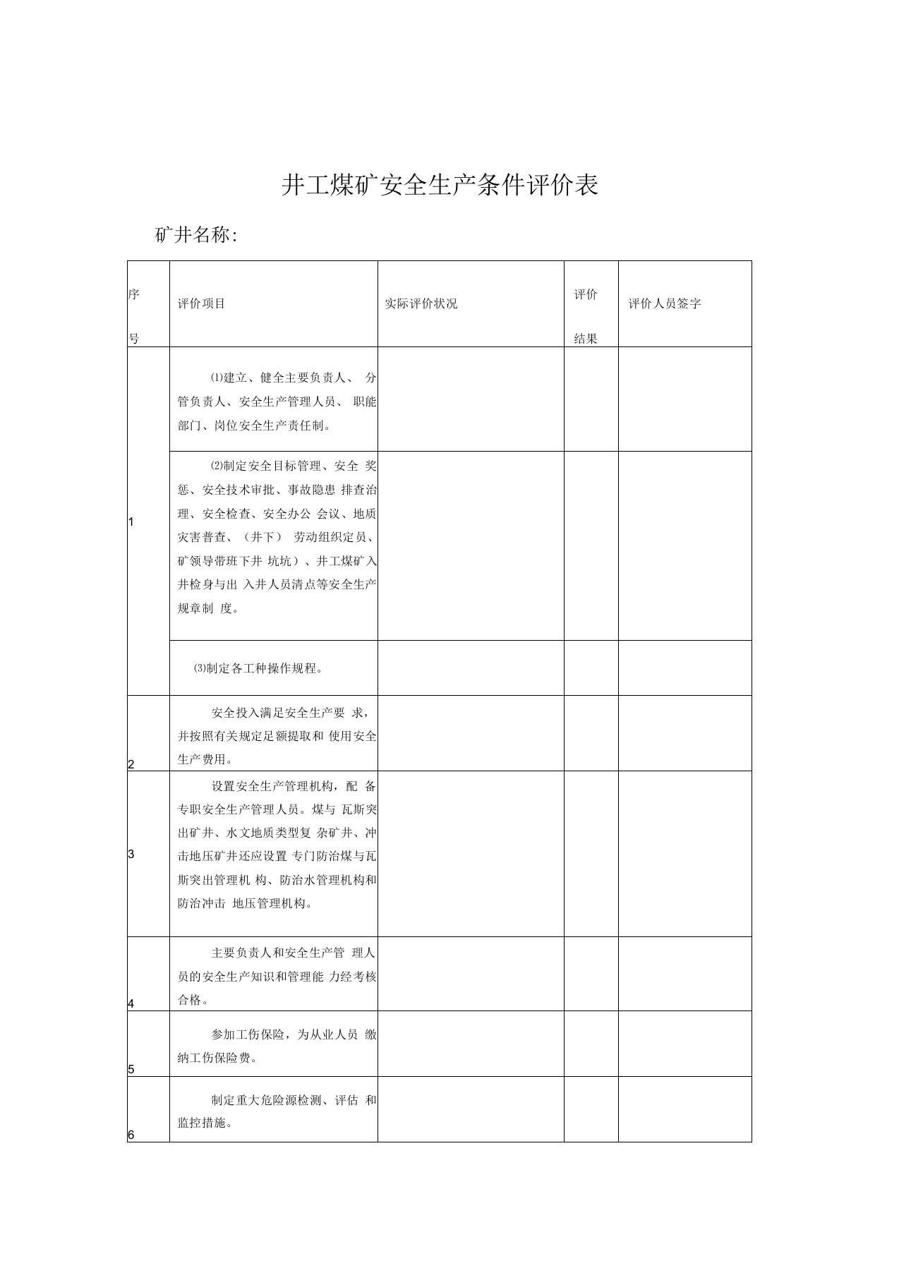 井工煤矿安全生产条件评价表