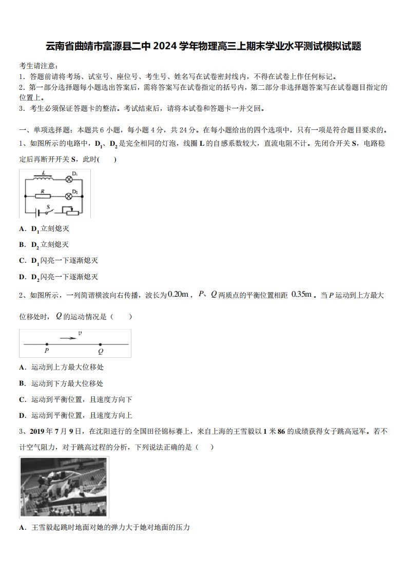 云南省曲靖市富源县二中2024学年物理高三上期末学业水平测试模拟试题含