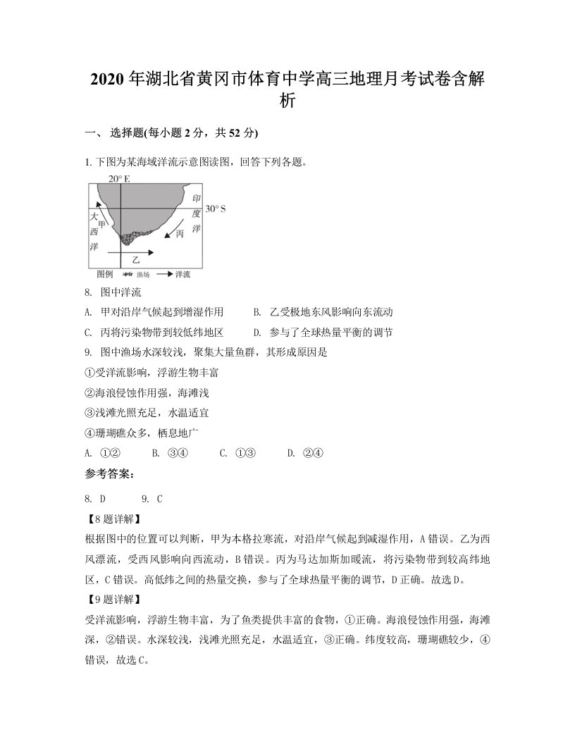 2020年湖北省黄冈市体育中学高三地理月考试卷含解析