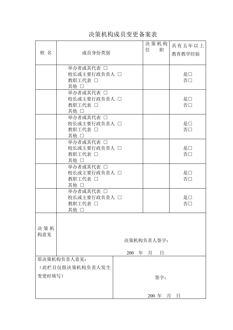 决策机构成员变更备案表