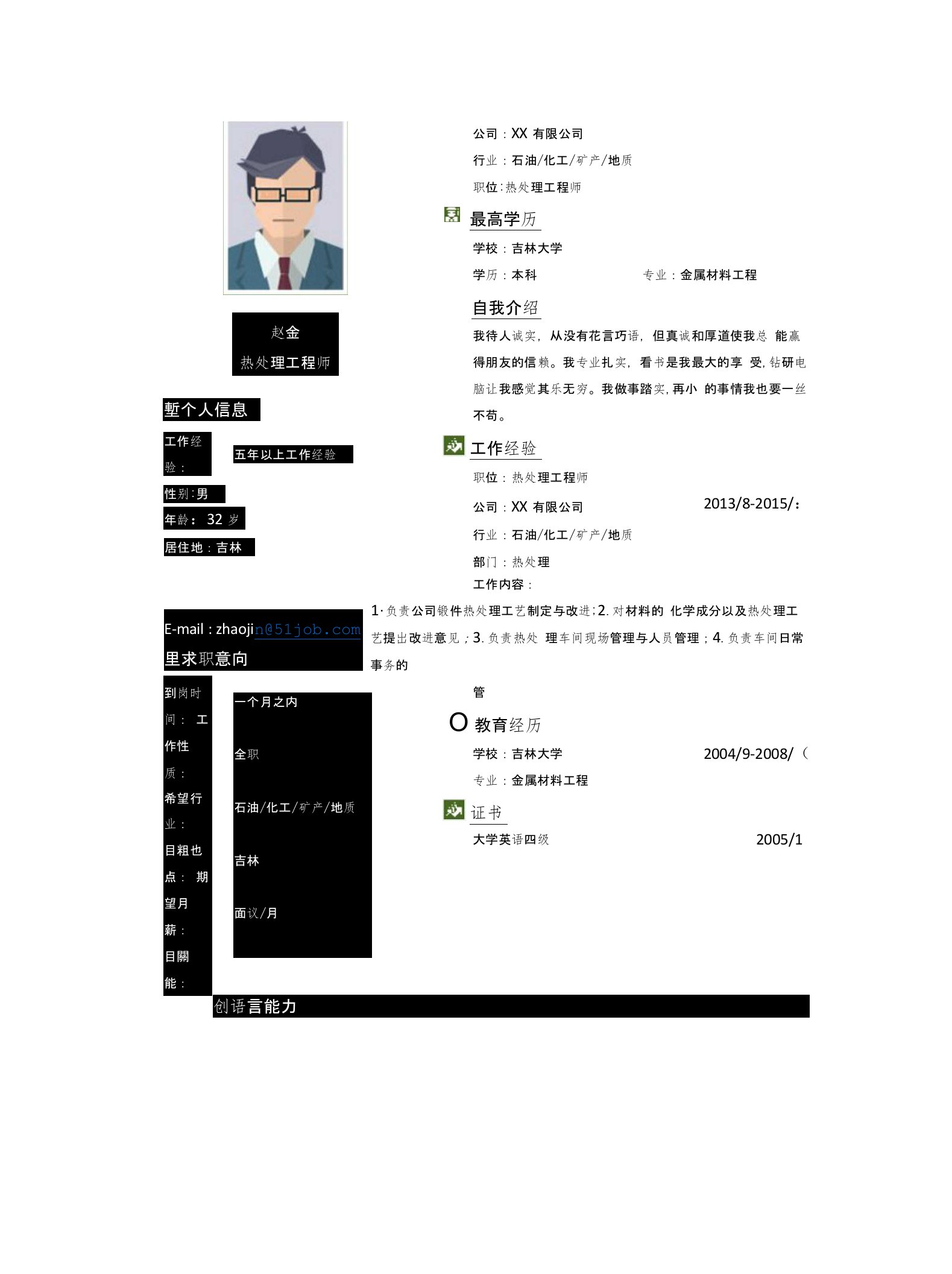 热处理工程师求职个人简历求职简历大学生优秀简历模板