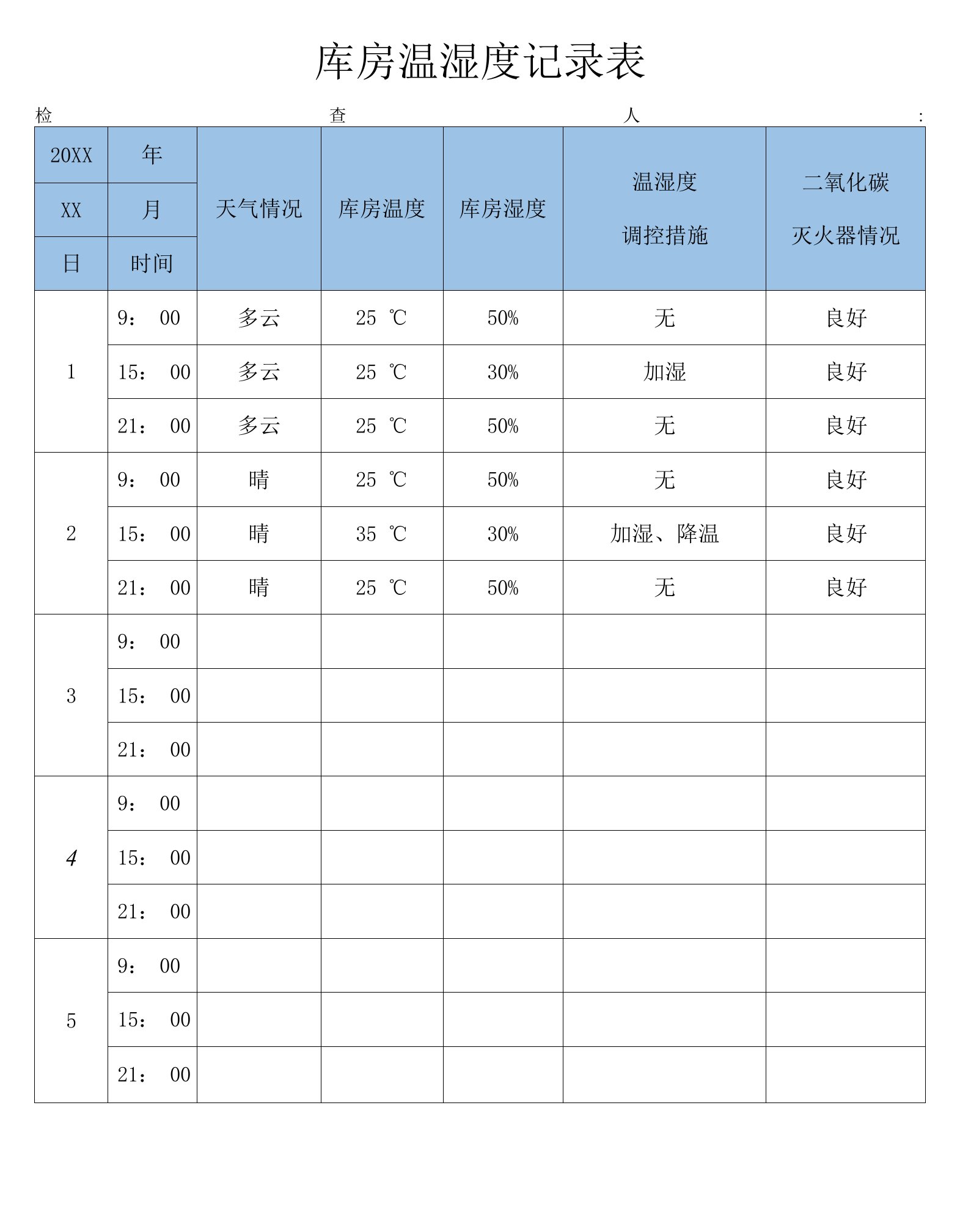 库房温湿度记录表