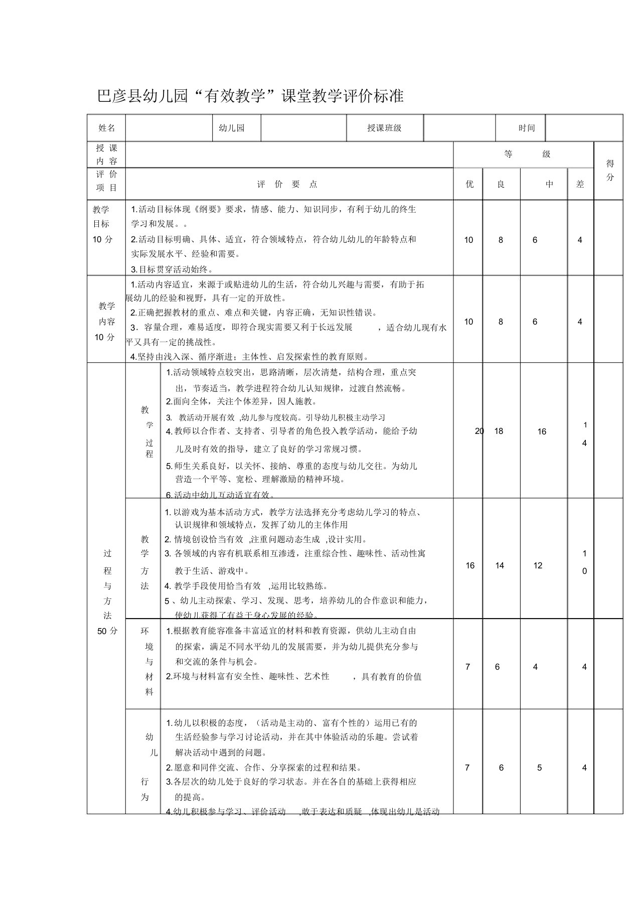 幼儿园课堂教学评价标准